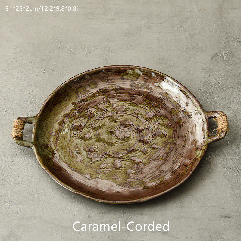 Hammered-glaze stoneware serving plate in sage green