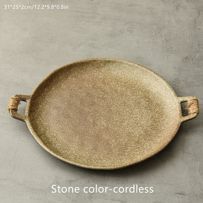 Hammered-glaze serving plate in marble stone tones