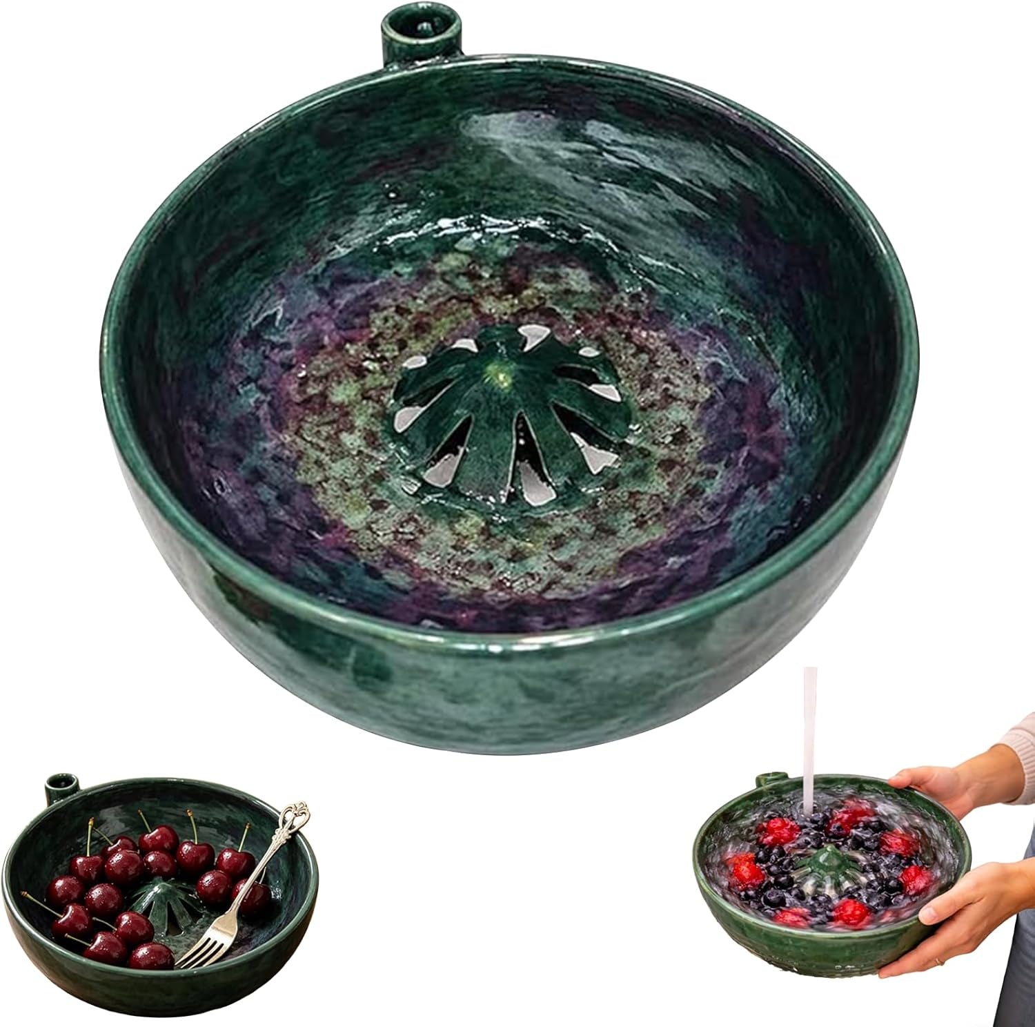 Self-Spinning Berry Washing Bowl Ceramic, Automatic 360° Fruit & Vegetable Washer Spinner with Drainage, Hydro-Vortex Berry Rinser & Colander for Kitchen, Stoneware Serving Bowl for Berries (1 Pc)